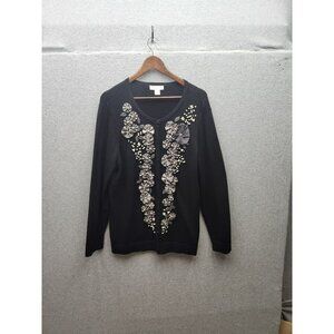 Christopher & Banks Black Cardigan With Floral Embellishments & Beading XL Cotto